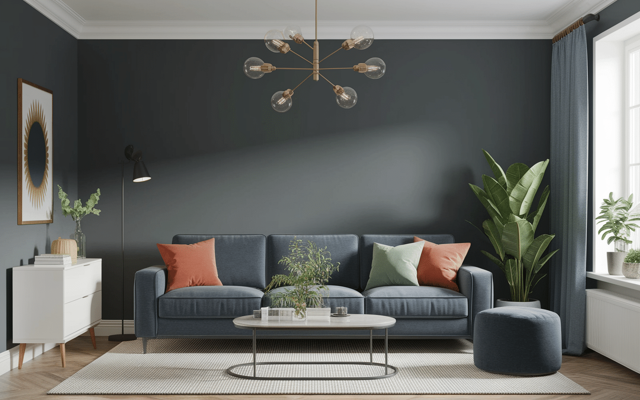 Salon moderne décoré en couleur anthracite avec mobilier contemporain