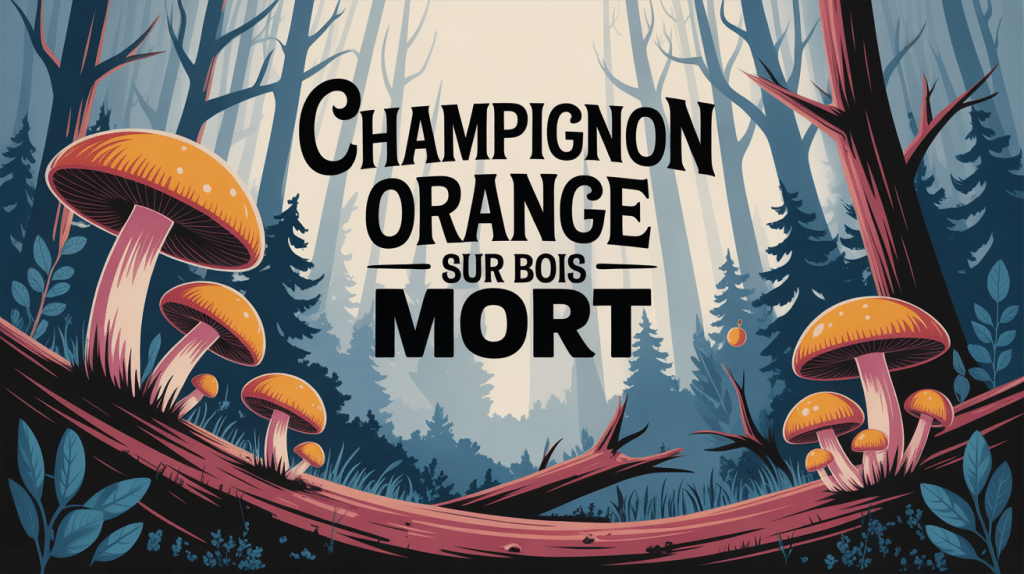 Illustration forêt automnale champignon orange sur bois mort