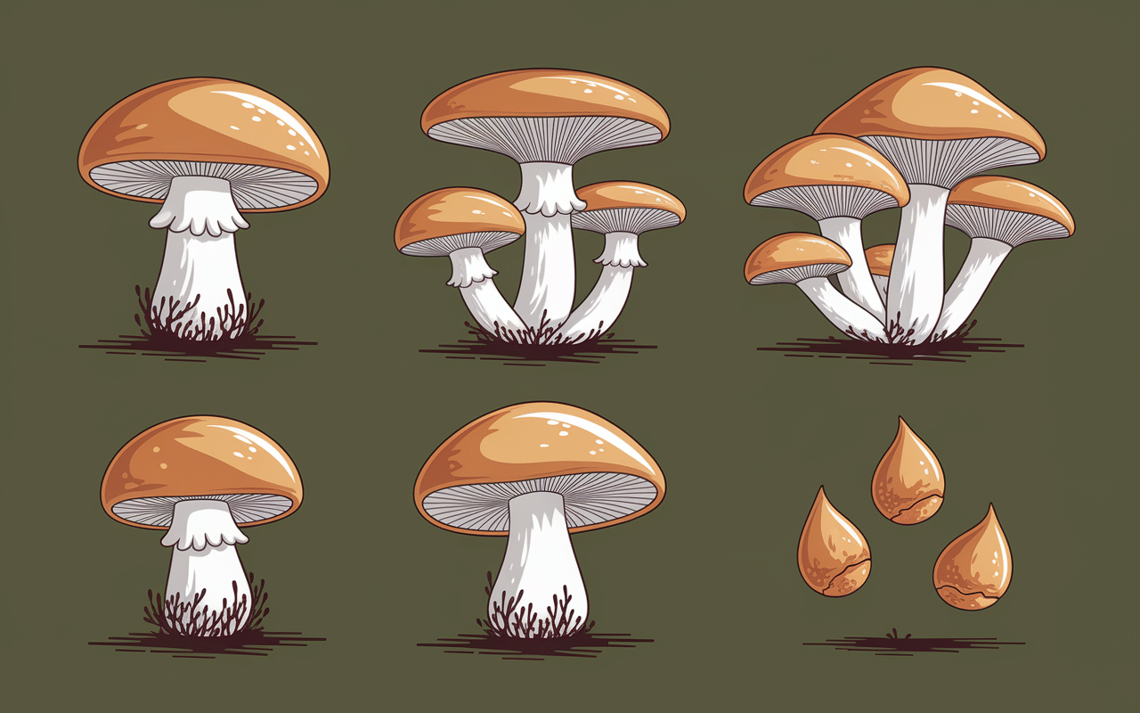 Quatre champignons orange sur bois mort distincts