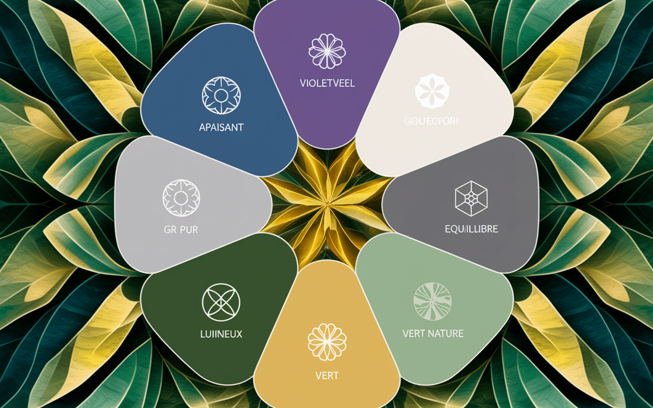 Palette couleurs chambre feng shui bleu violet blanc gris jaune vert équilibrées