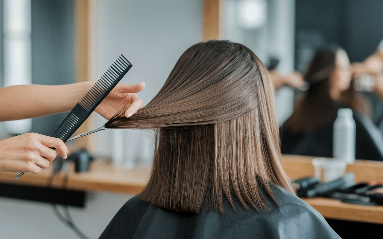 mains coiffeur coupe papillon ciseaux mèches cheveux bruns