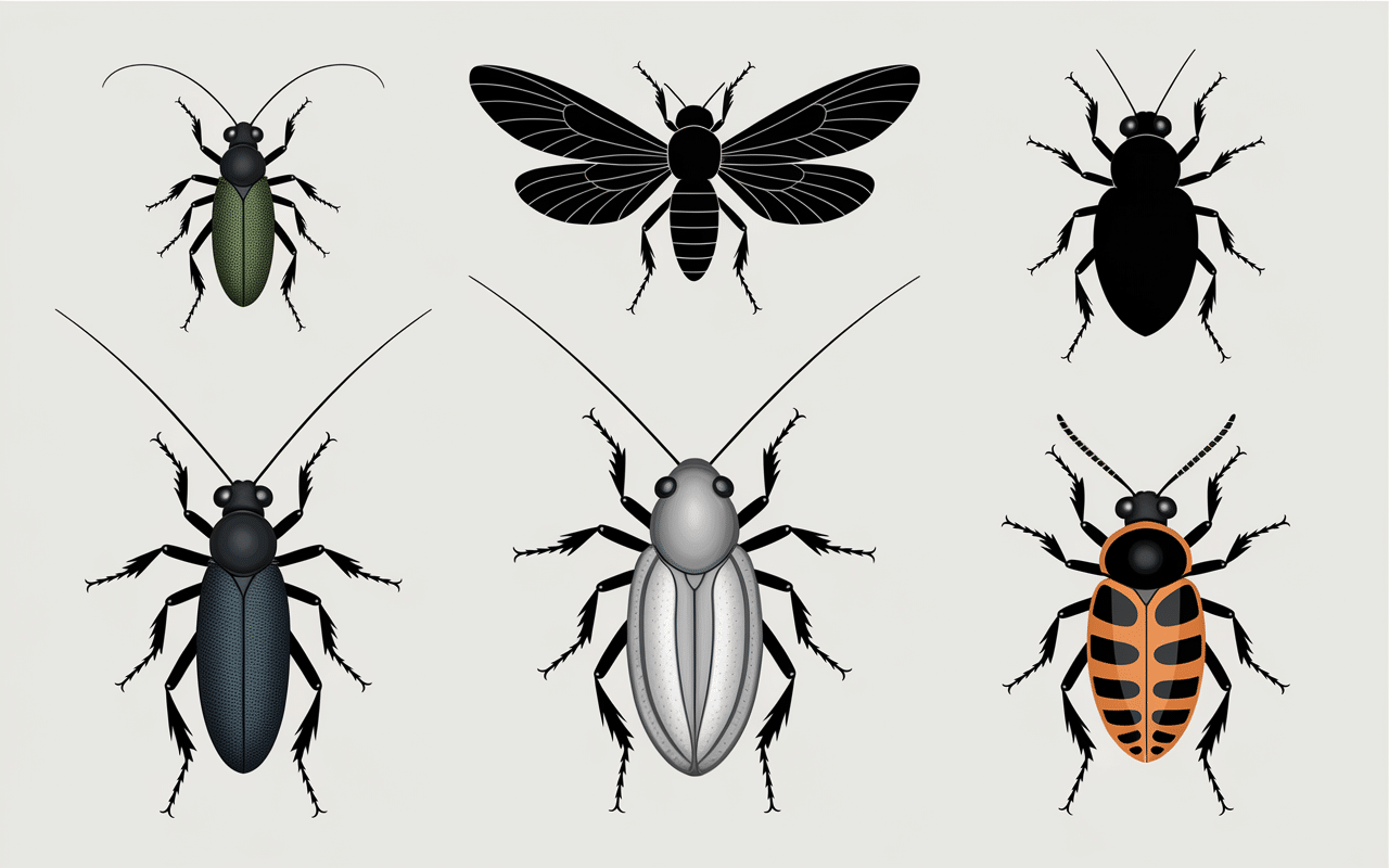 illustration cinq insectes noirs maison taille et forme