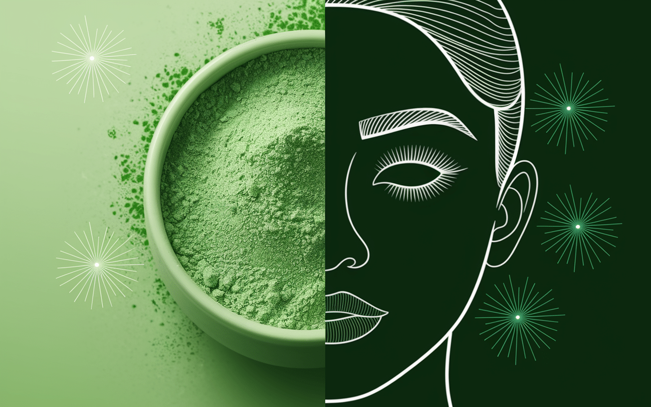 transformation visage femme avec poudre matcha et particules vertes