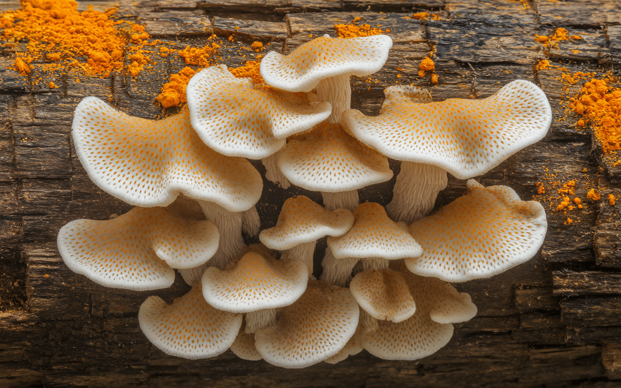 gros plan sur bois de chauffage avec mycelium de mérule
