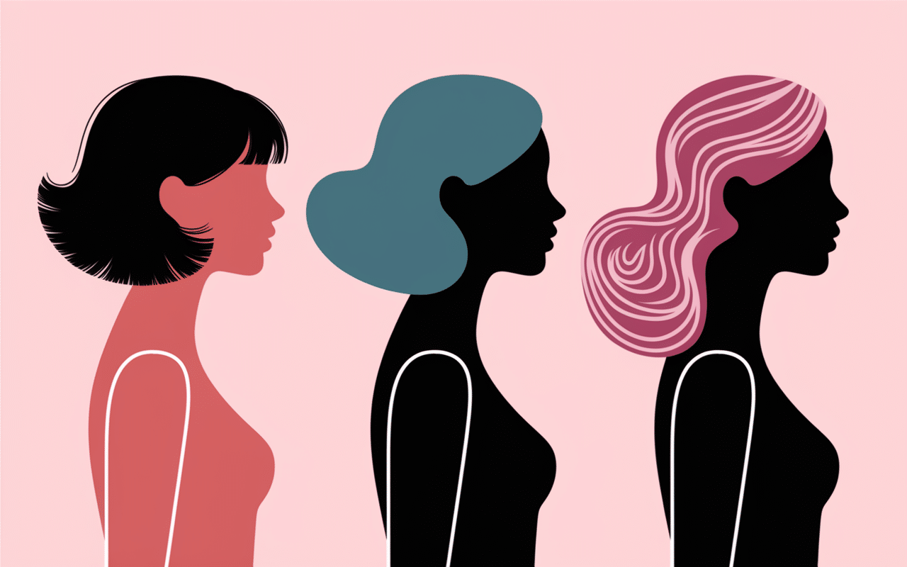 Trois silhouettes féminines avec variantes de carré plongeant en illustration
