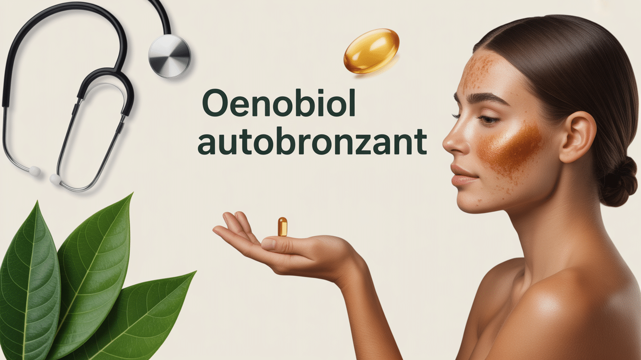 Femme avec peau dorée tenant une gélule, éléments dermatologie et compléments