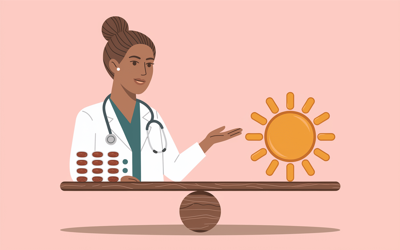 Dermatologue consultant, gélules et soleil barré