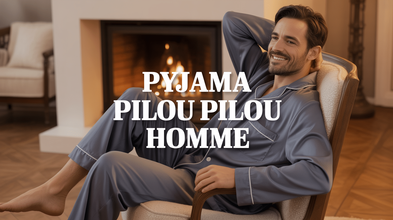 Homme en pyjama pilou pilou devant cheminée