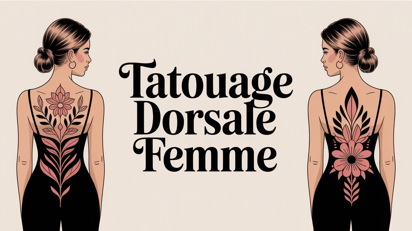 Silhouette féminine avec tatouages floraux et géométriques