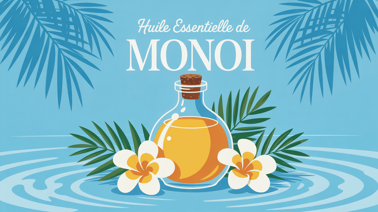 huile essentielle monoi illustration bouteille fleurs blanches