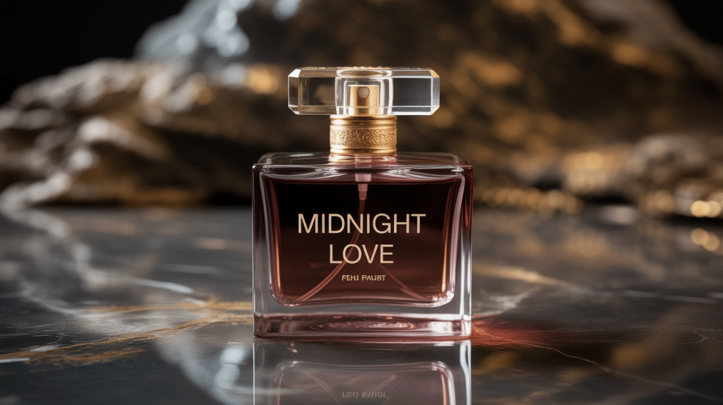 Bouteille midnight love parfum en verre sur marbre noir atmosphère mystérieuse