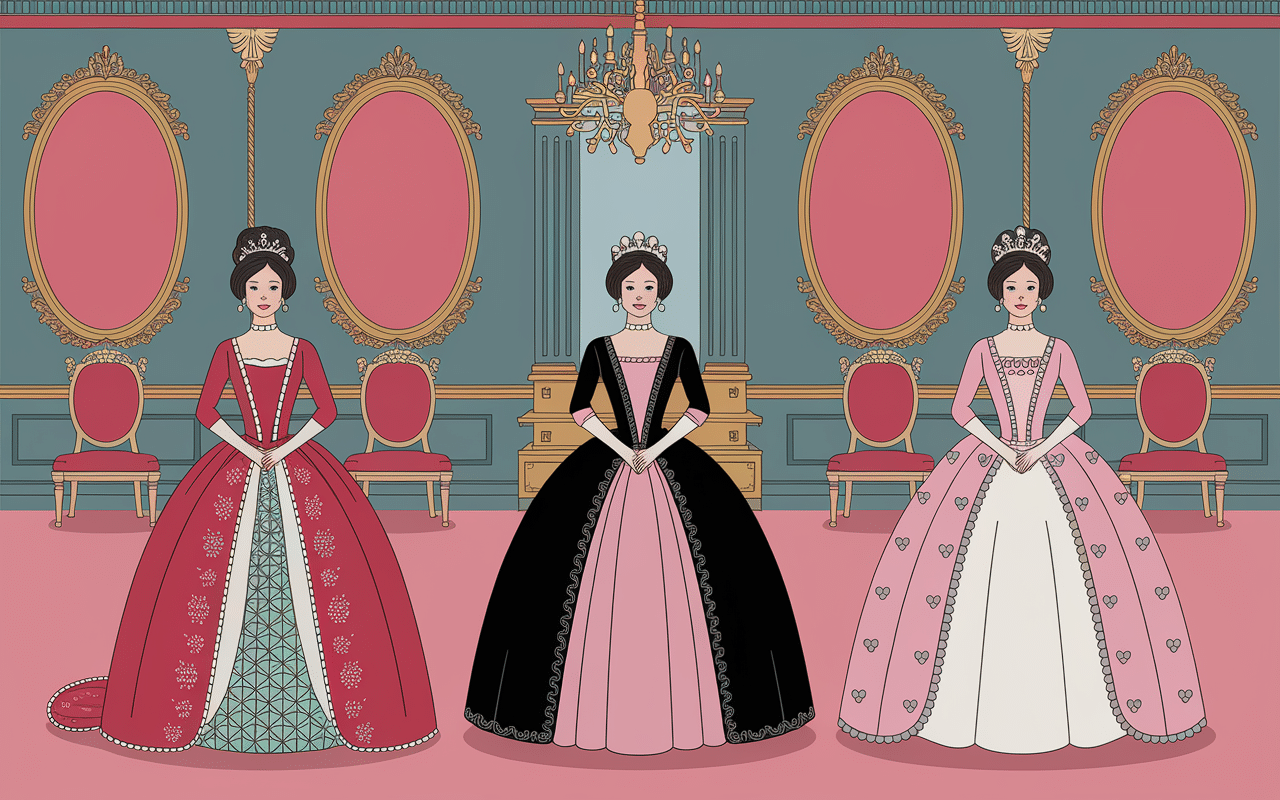 Trois robes marquises différentes époques salon aristocratique