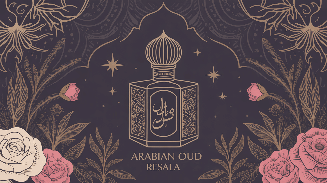 flacon doré arabian oud resala avec arabesques et notes olfactives