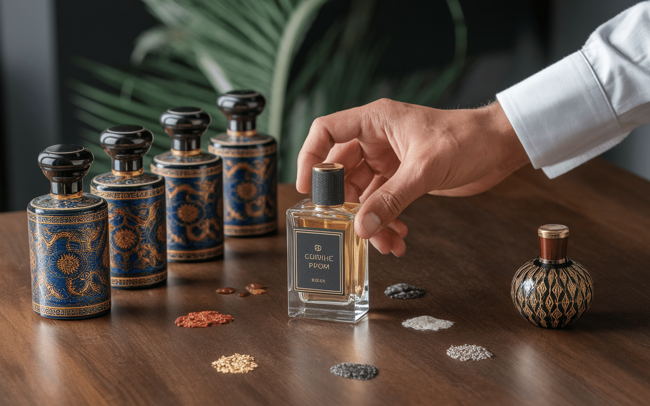 Main masculine avec parfum Dubai homme et ingrédients naturels