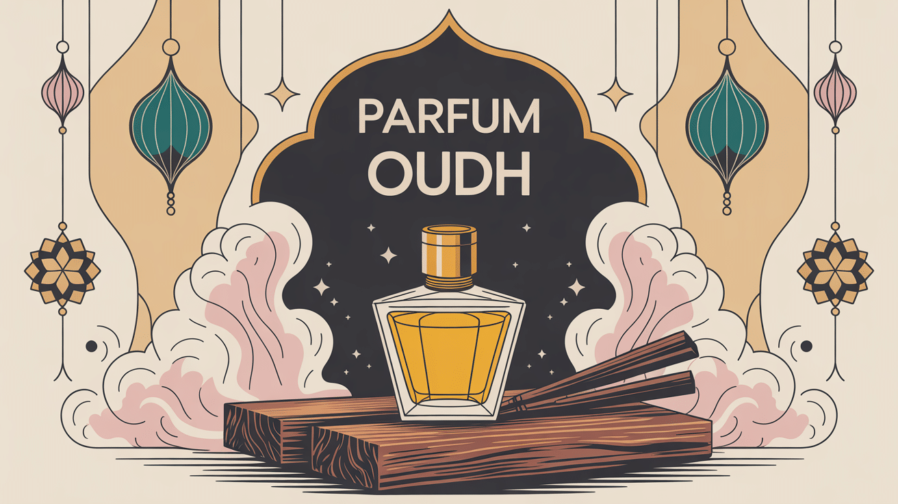 Illustration bouteille luxe oudh perfume sur bois agar