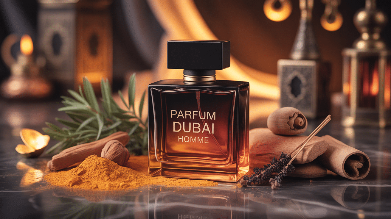 Flacon de parfum Dubai homme sur marbre avec épices et bois