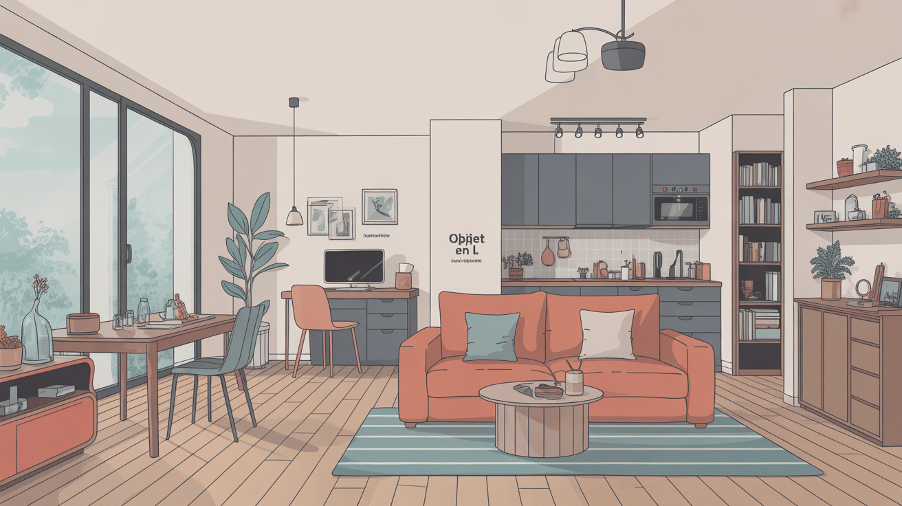 illustration objets en l canapé bureau cuisine étagère