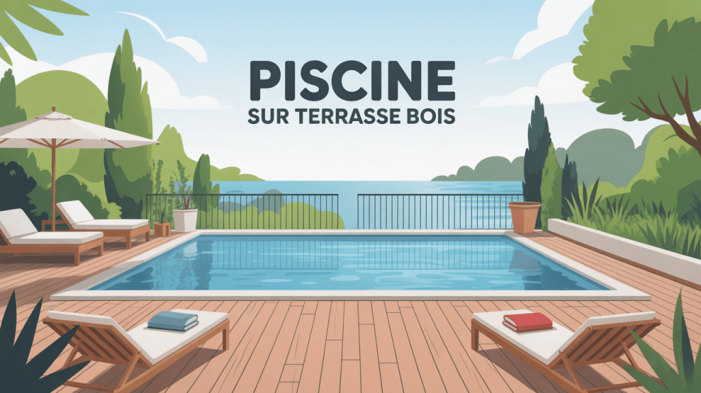 Vue d'ensemble piscine sur terrasse bois