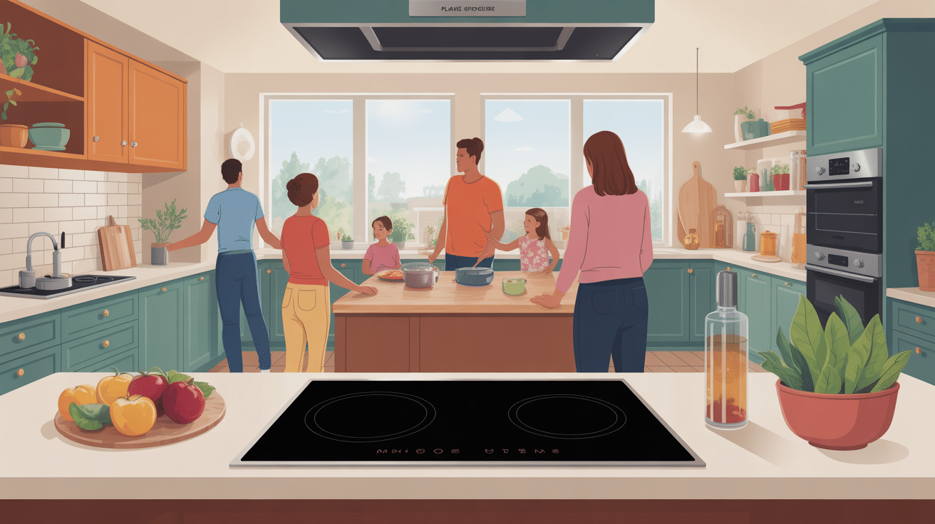 plaque induction avec hotte intégrée avis en cuisine ouverte moderne