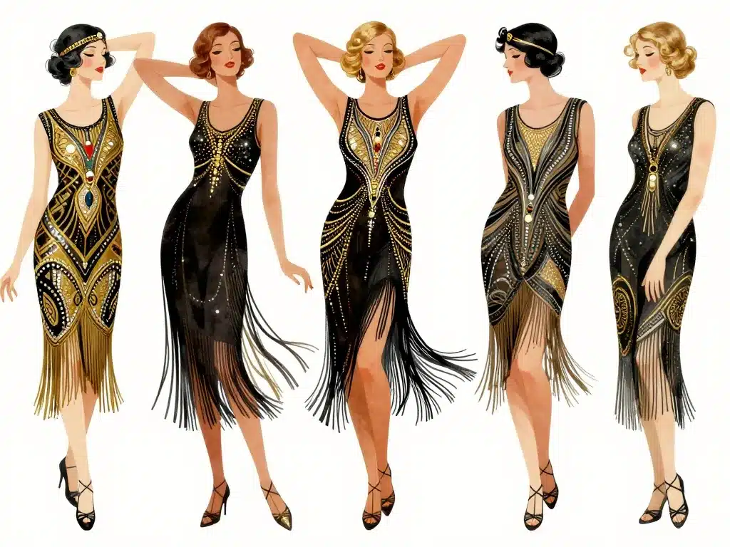 Illustration codes robe année 20 franges perles art déco