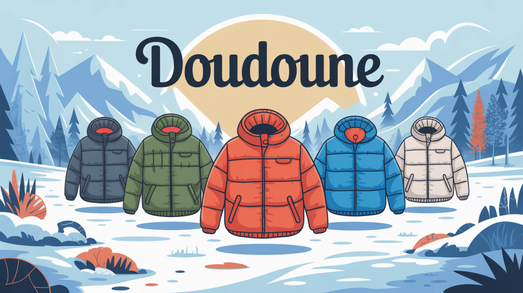 Différents styles de doudounes sur silhouettes ambiance hivernale