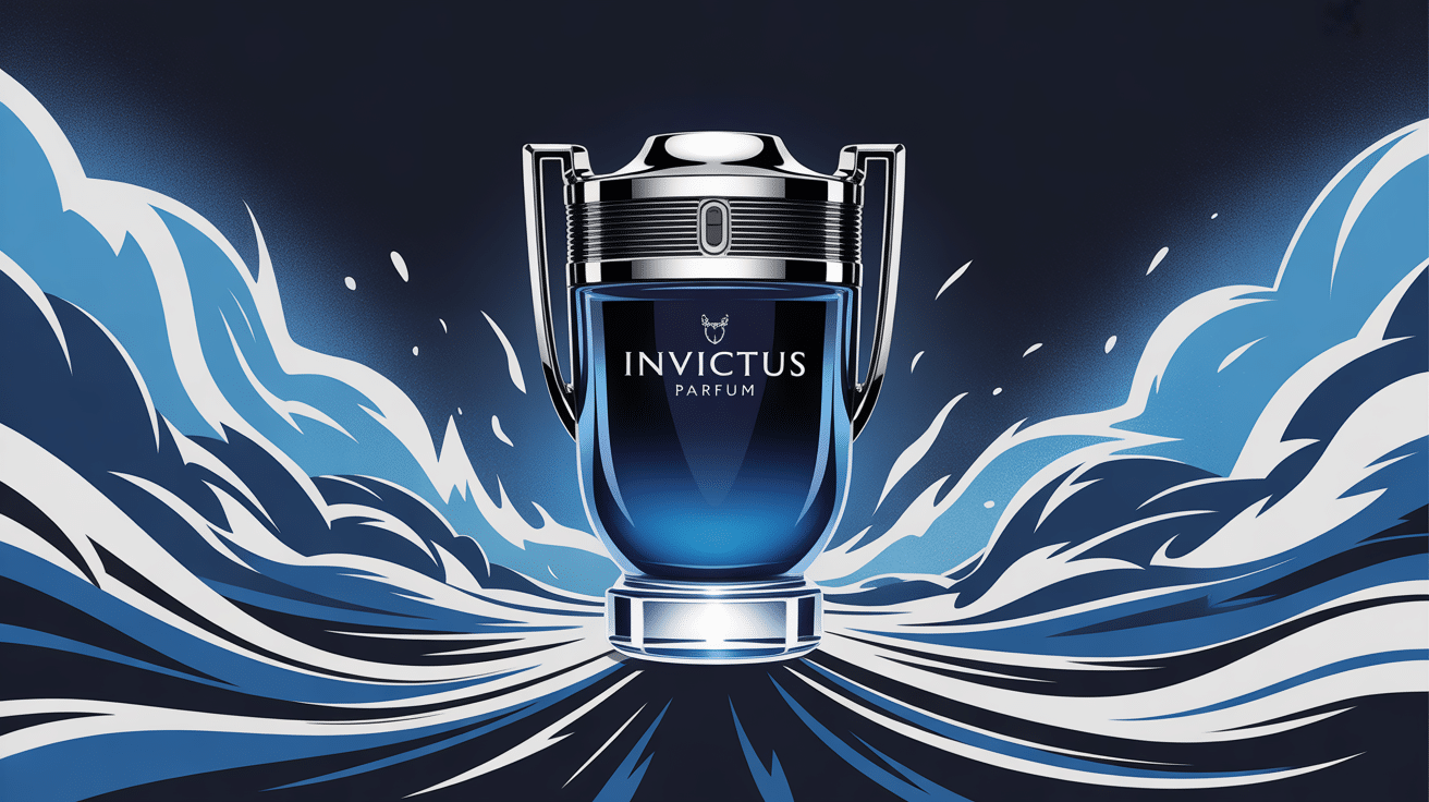 Illustration univers Invictus parfum homme flacon trophée fraîcheur