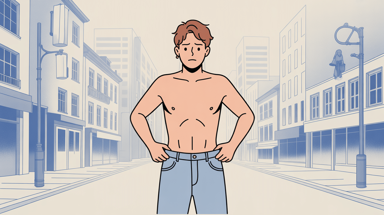 Personne qui remonte un pantalon qui descend en ville, ambiance dynamique