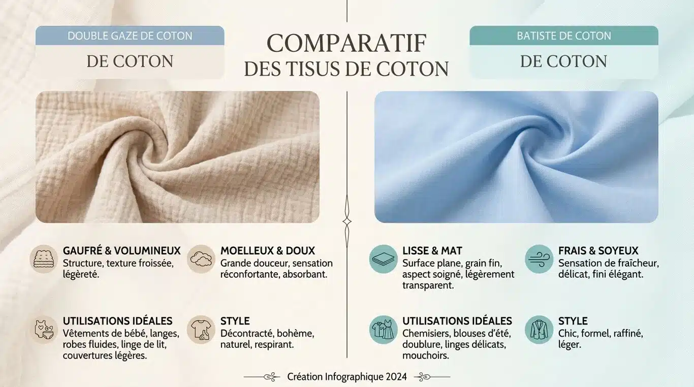Infographie comparative des tissus Batikou : Double Gaze de Coton vs Batiste de Coton
