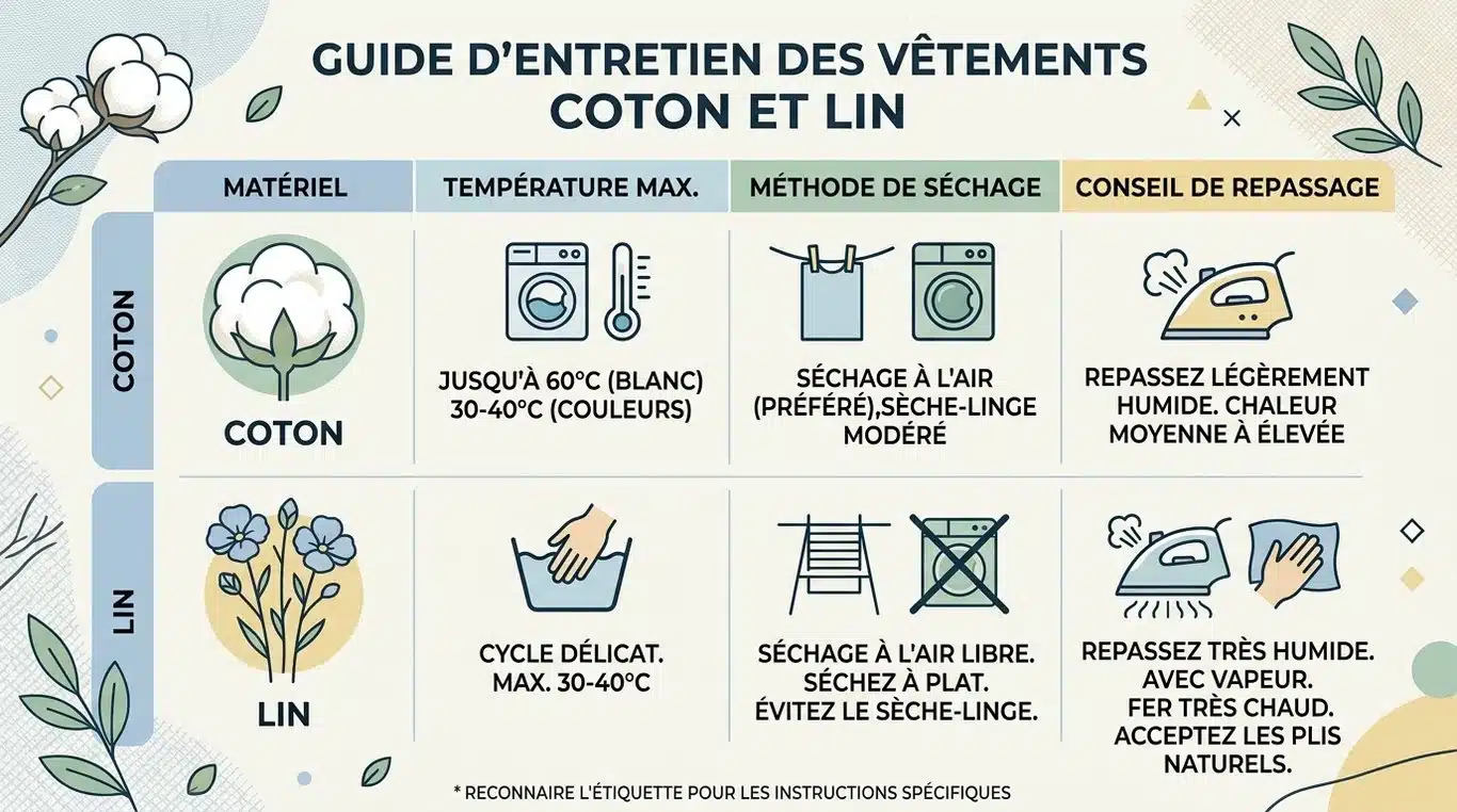 Infographie récapitulative des conseils d'entretien pour les vêtements en coton et lin