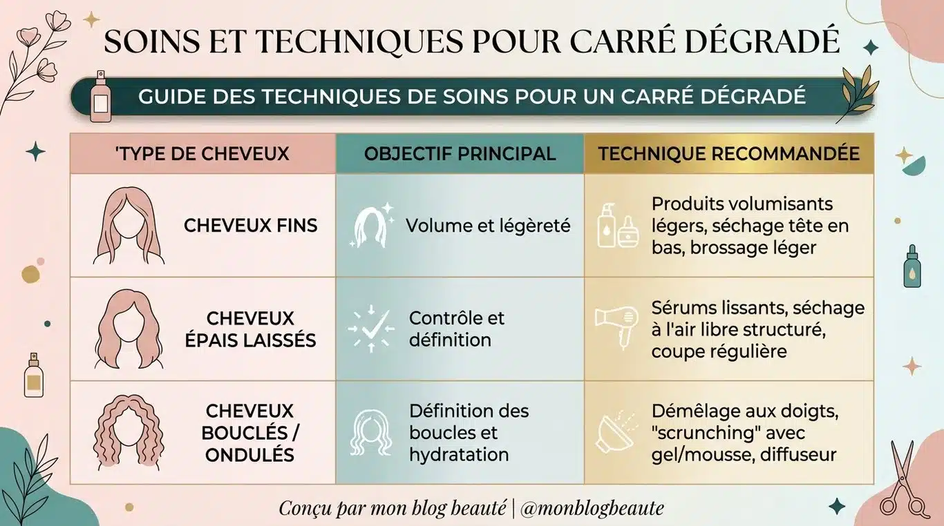 Infographie récapitulative : choisir sa technique de carré dégradé effilé selon son type de cheveux