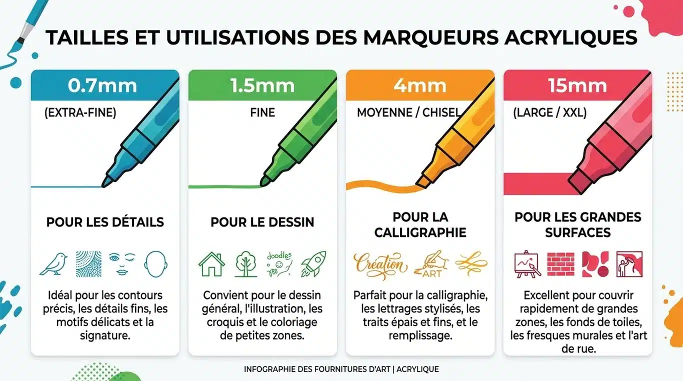 Infographie récapitulative des tailles de pointes de feutres acryliques et leurs usages