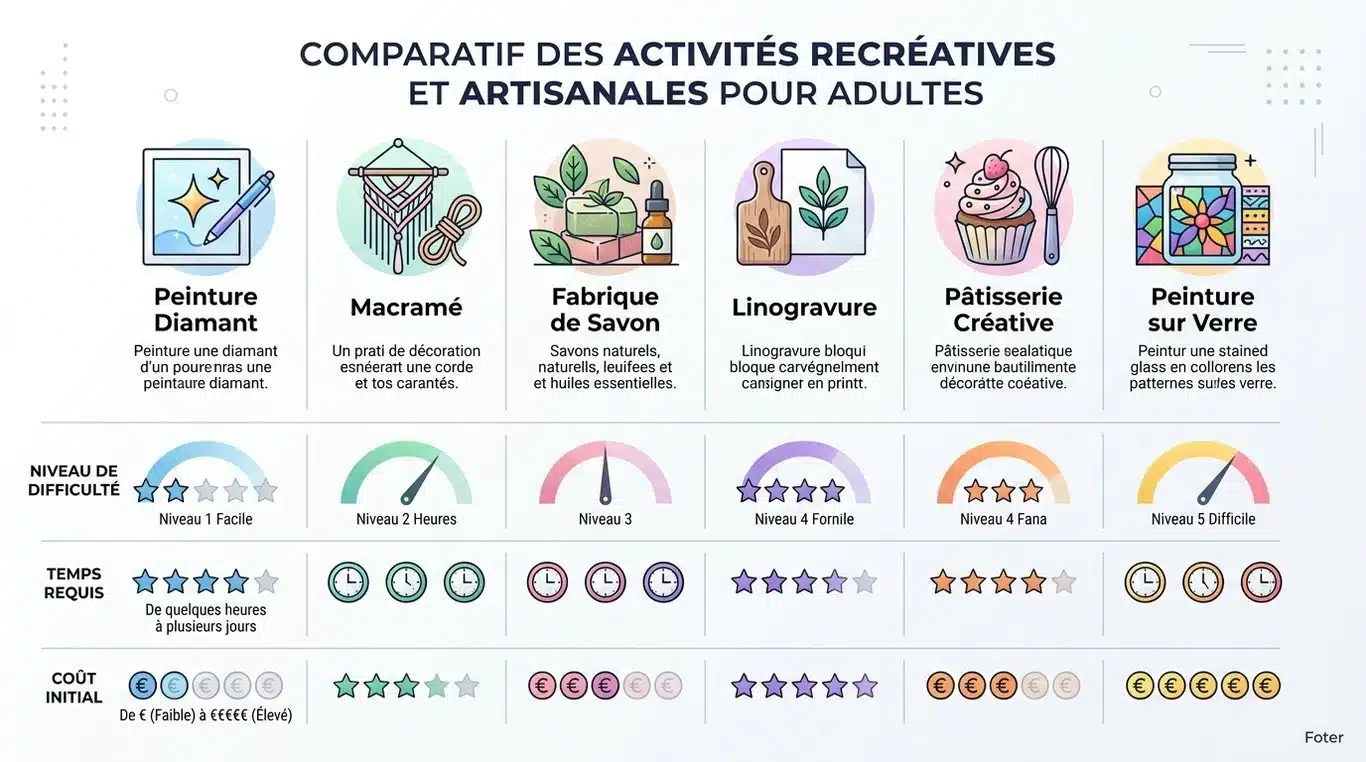 Infographie comparative des activités manuelles pour adultes : niveau, temps et coût.