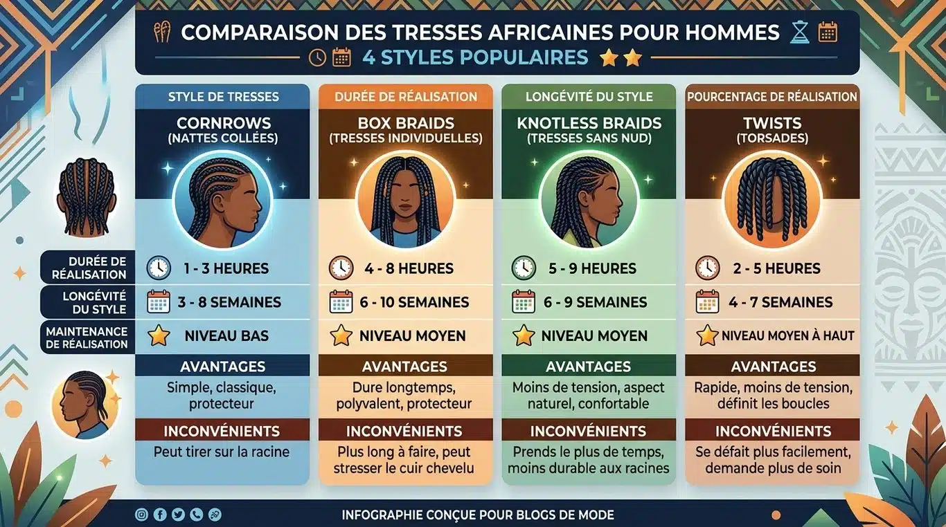 Tableau comparatif des styles de tresses africaines pour homme