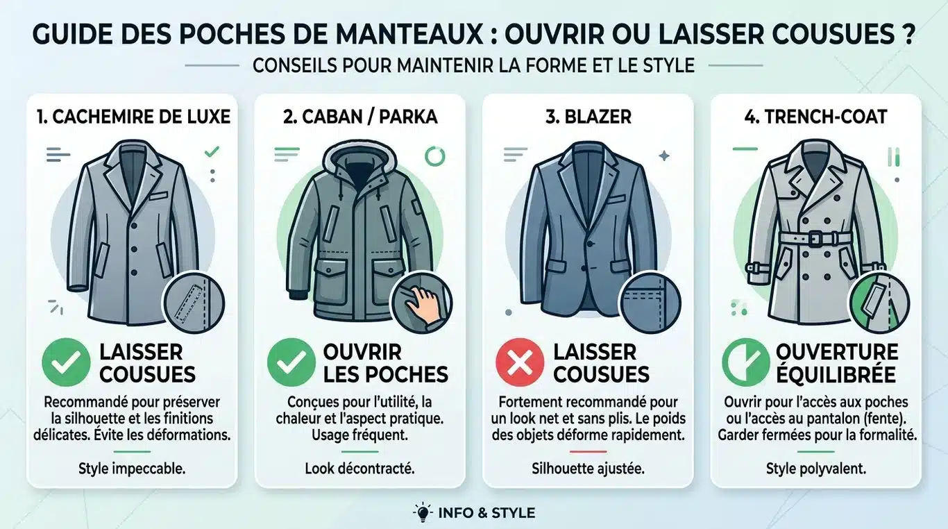 Infographie récapitulative : faut-il découdre les poches de son manteau selon le type de vêtement ?