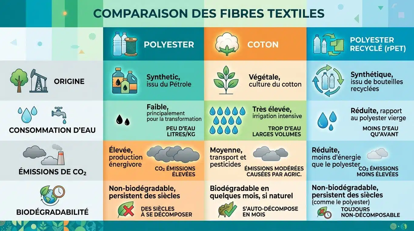 Infographie comparative : Polyester vs Coton vs Polyester recyclé