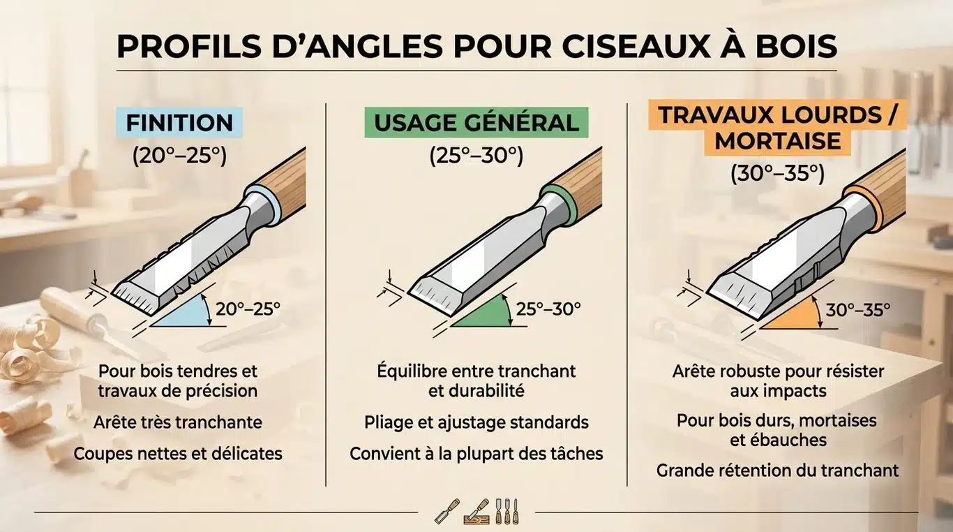 Infographie des angles d'affûtage recommandés pour les ciseaux à bois selon l'usage