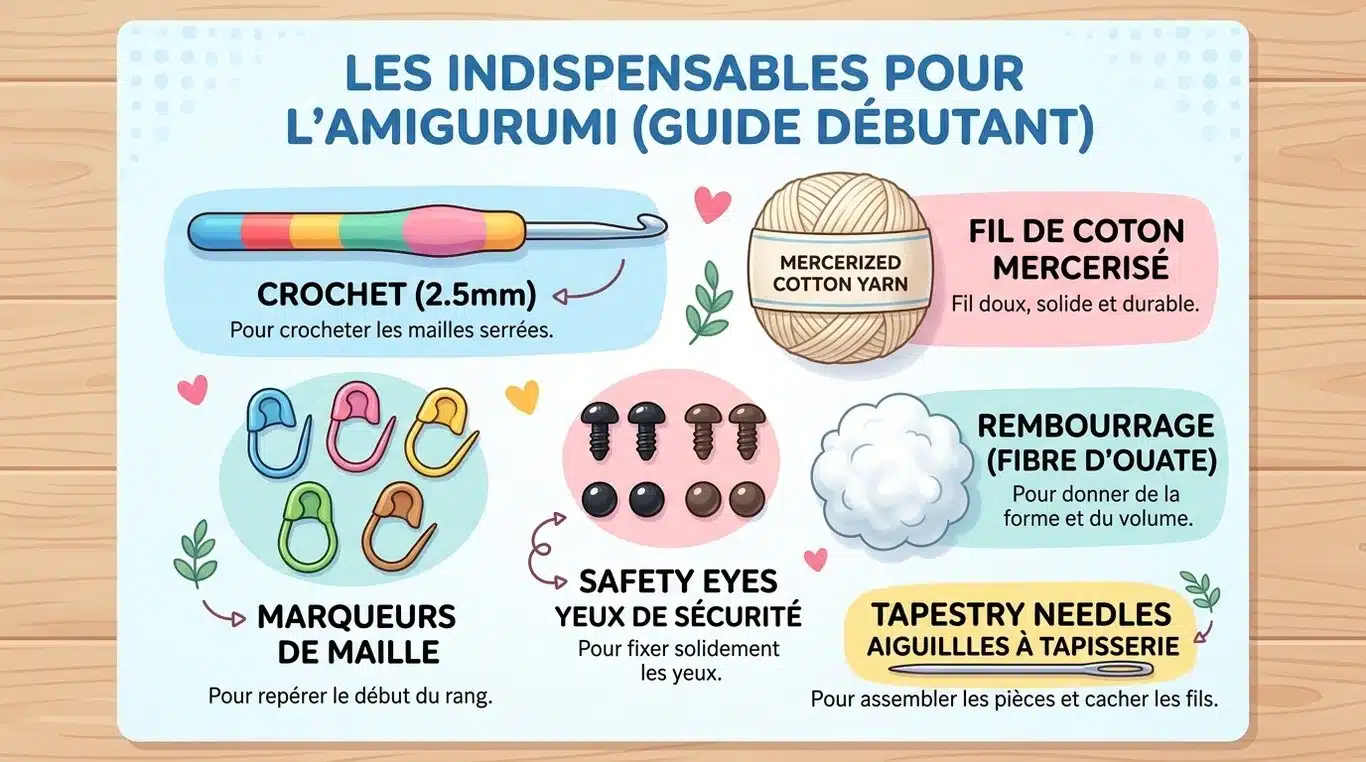 Infographie des outils essentiels pour débuter l'amigurumi