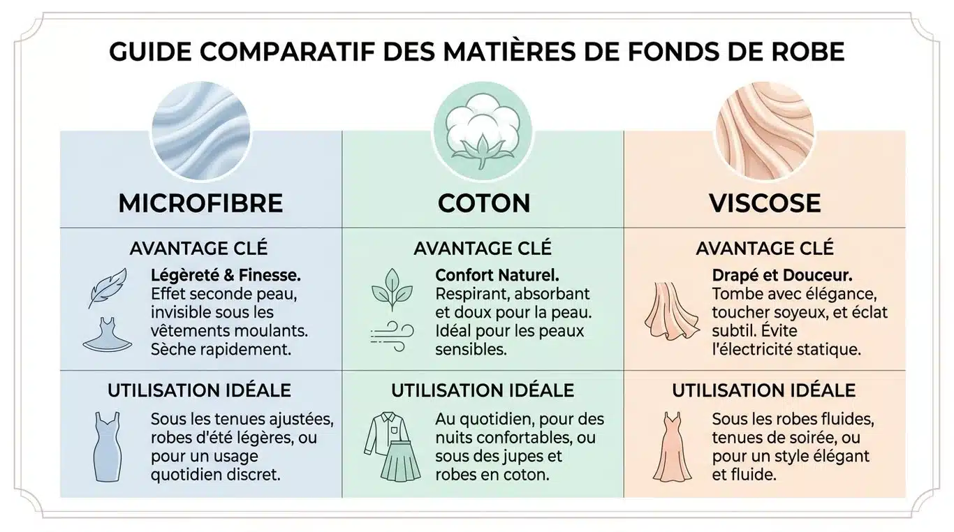 Infographie comparative des matières de fonds de robe : microfibre, coton et viscose