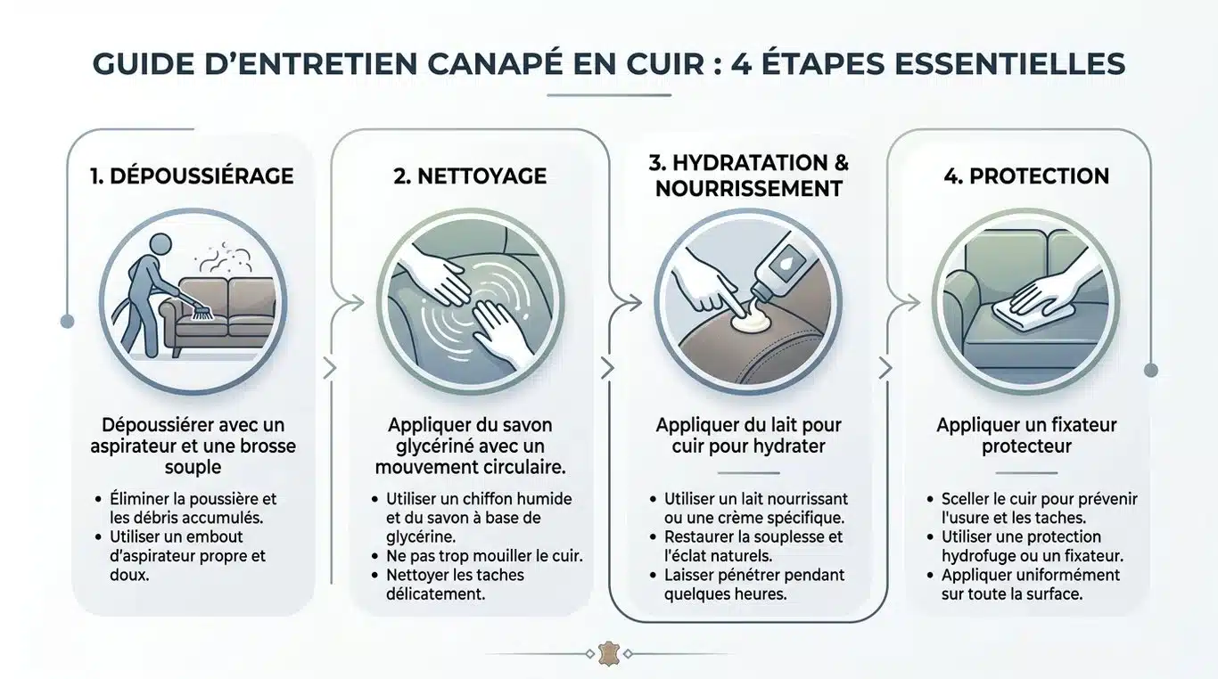 Infographie des étapes d'entretien d'un canapé en cuir