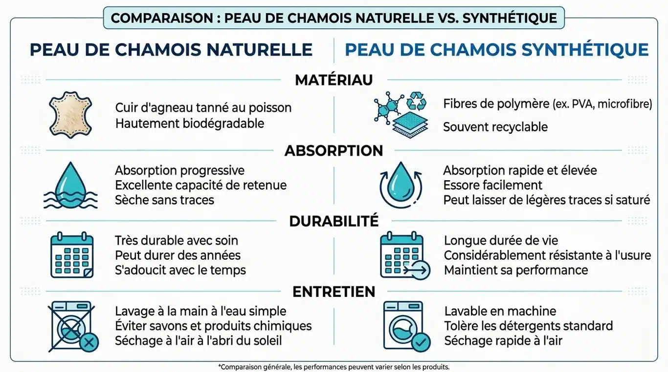 Infographie comparative : peau de chamois naturelle vs synthétique