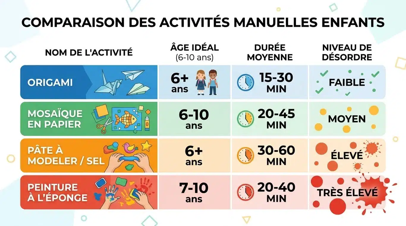 Infographie comparative des activités manuelles pour enfants de 6 à 10 ans : âge, durée et niveau de salissure.