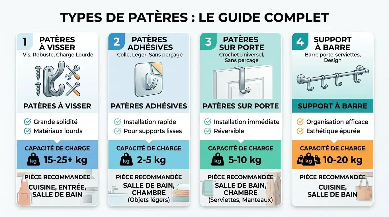 Infographie comparative des types de patères : installation, charge et usage recommandé