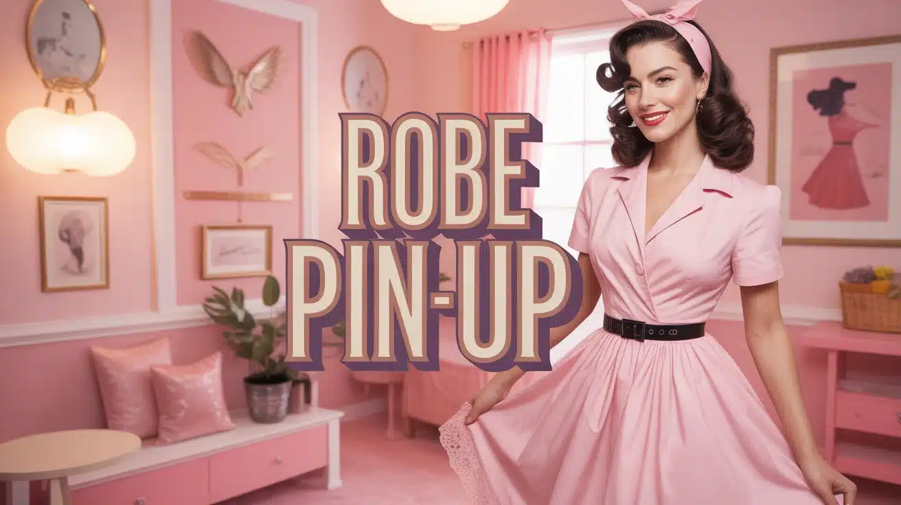 femme en robe pin-up classique années 50 avec jupon et ceinture large