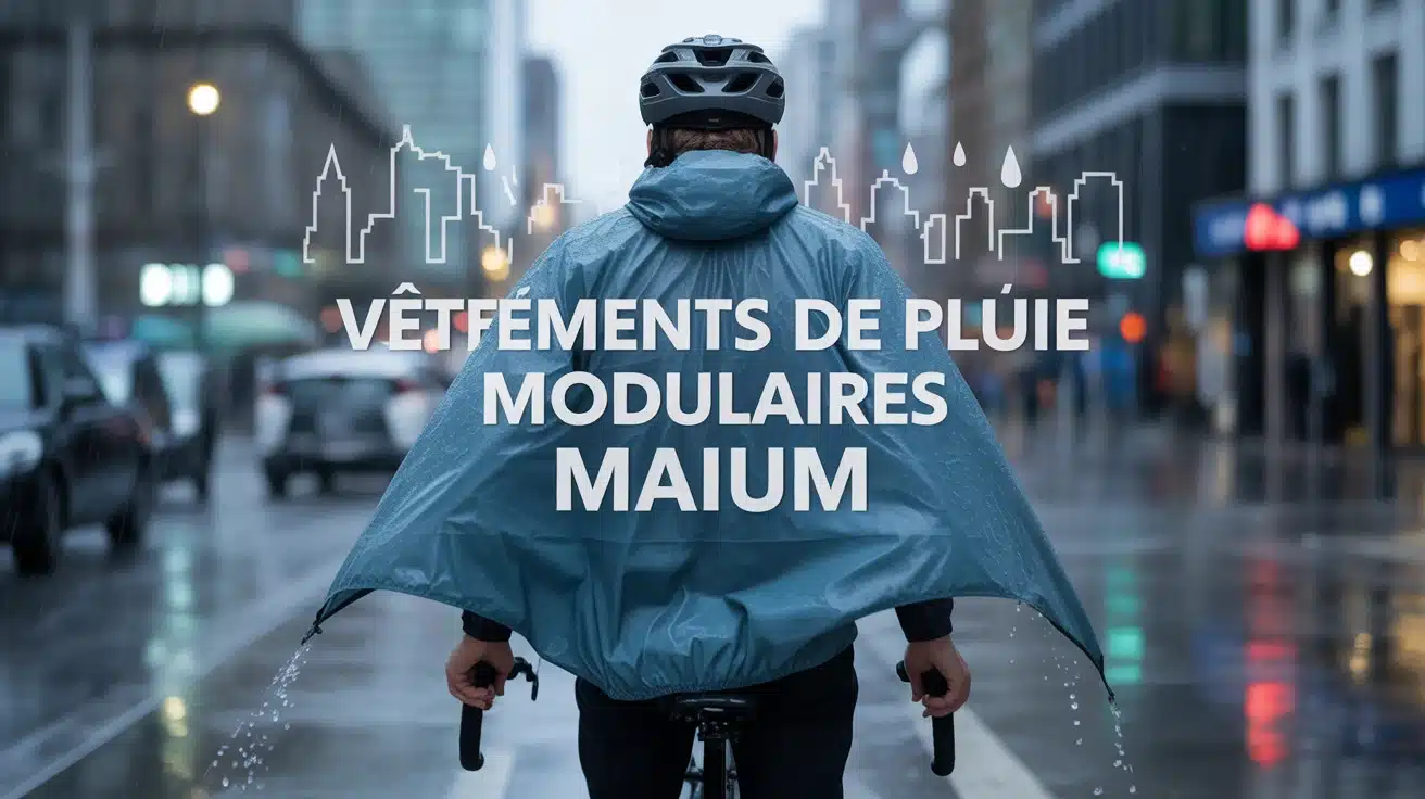cycliste en ville sous pluie avec vêtements de pluie modulaires Maium