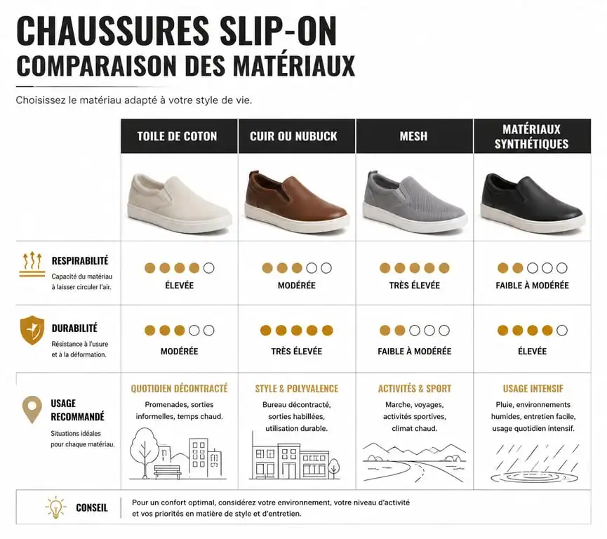 Infographie comparative des matériaux de chaussures slip-on : toile, cuir, mesh et synthétique