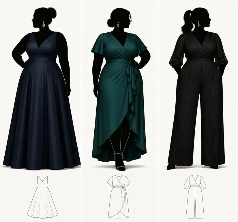 Différents styles de robes habillées pour mariage grandes tailles : coupe en A, robe cache-cœur et combinaison élégante.