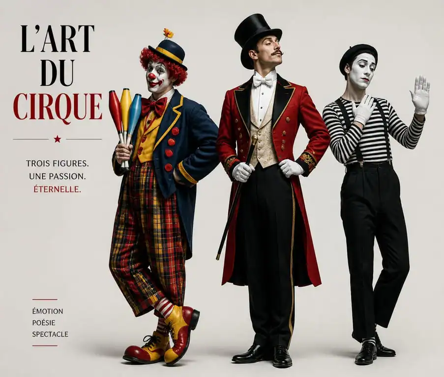 Différents styles de déguisement cirque : clown, Monsieur Loyal et mime pour une fête costumée
