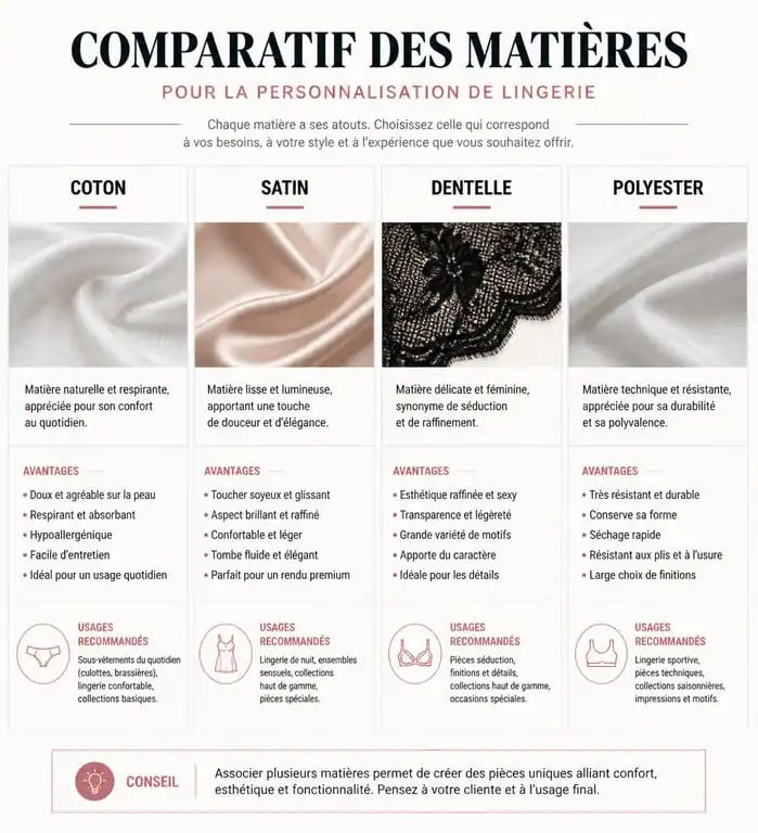 Tableau comparatif des matières pour personnaliser un string : coton, satin, dentelle et polyester.