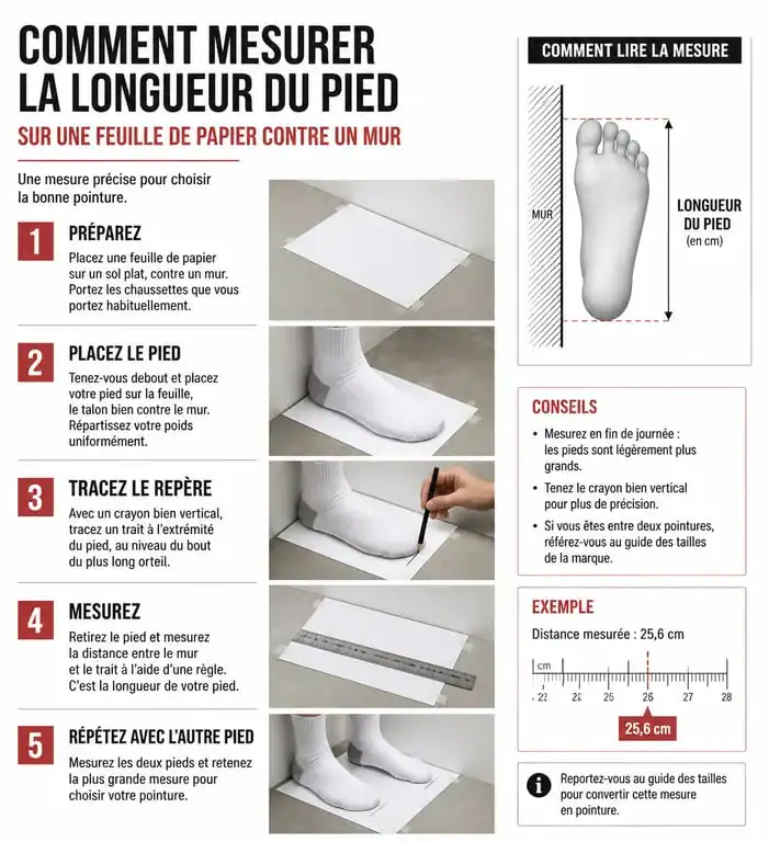 Infographie illustrant la technique de mesure du pied pour choisir sa pointure homme taille 50