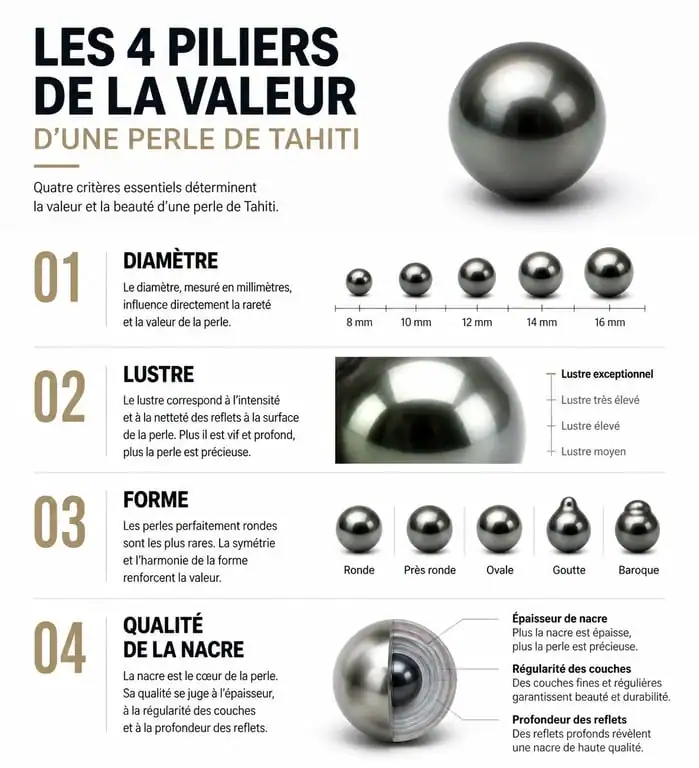 Infographie des critères de prix des perles de Tahiti : diamètre, lustre, forme et qualité